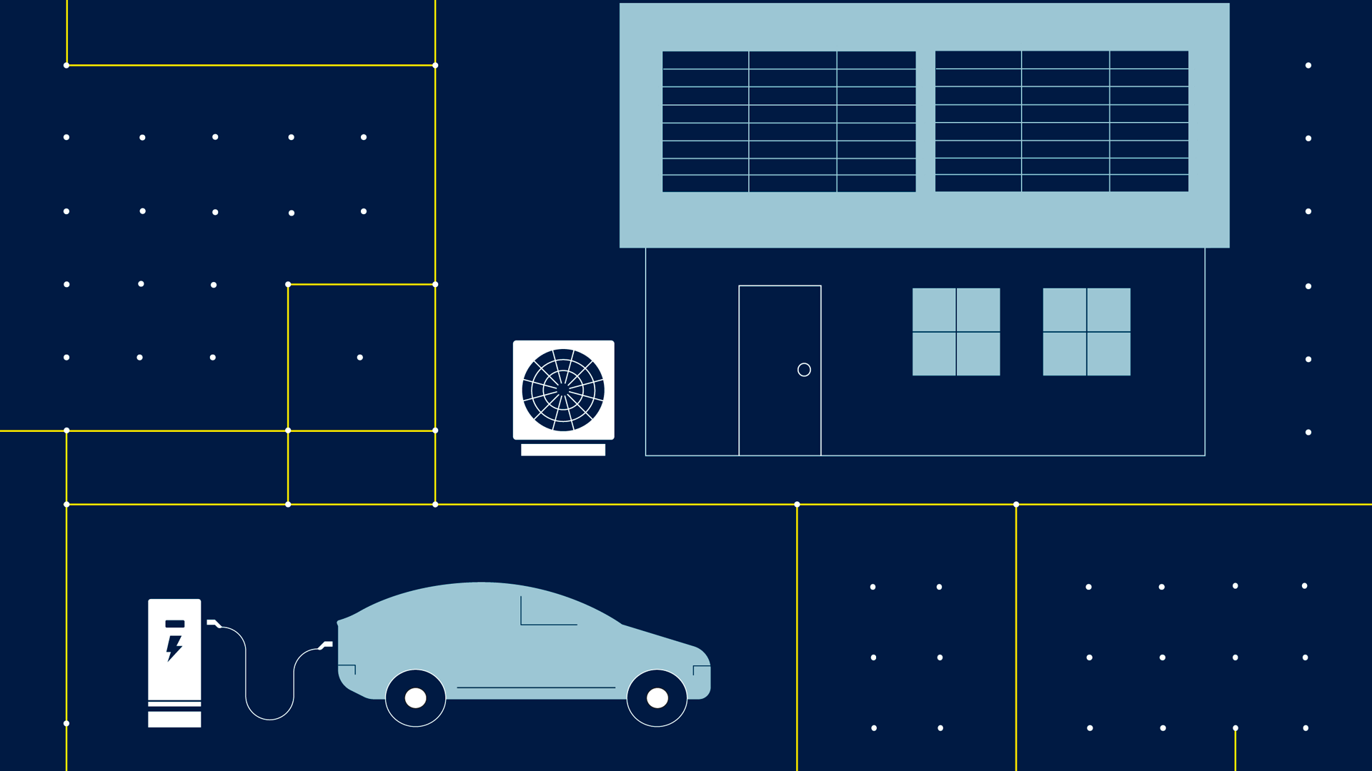 Grafik som viser et hus med elbil og varmepumpe, som er tilsluttet til elnettet.