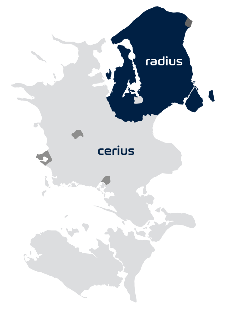 Kort over Sjælland og øerne, hvor Radius Elnets forsyningsområde er fremhævet. Radius Elnets forsyningsområde dækker Københavnsområdet, Nordsjælland og dele af Midtsjælland, dog undtaget Helsingør og Roskilde.